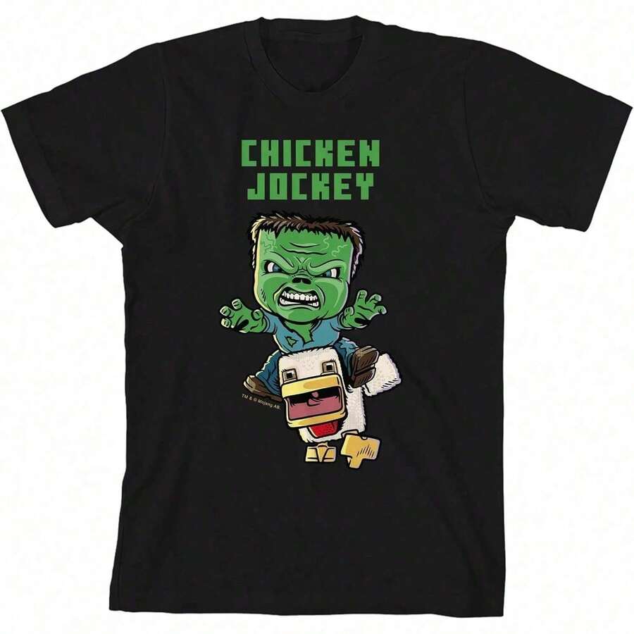 Camiseta juvenil azul marino de manga corta con cuello redondo y estampado de pollo jockey de la película de para mujer, hombre, niño y niña. - Negro - Ver 1