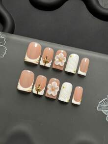 Conjunto de 10 Peças de Unhas Postiças Feitas à Mão, Estilo Y2K, Manicure Francesa Branca Quadrada com Flores Brancas 3D, Tachas de Estrela Dourada, Padrões de Mármore e Texturas em Relevo de Folhas. Reutilizável, Adequado para Uso Diário/Feriados. Unhas - Multicolorido - Visão 8