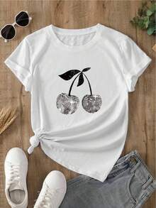YOCASA Women's Summer T-Shirt With Round Neck And Short Sleeves, Oil Painting Print With Floral Heart And Letter Design, Casual, Simple And Sporty Style For Everyday Wear - YH135-白色 - 查看 2