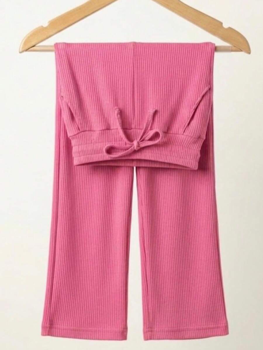 Blogueirinha Children's Wide Leg Pants In Ribbed Cotton Fabric With Pocket, Comfortable And Soft - 玫紅色 - 查看 1