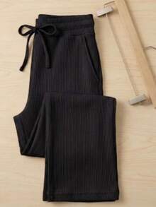 Blogueirinha Children's Wide Leg Pants In Ribbed Cotton Fabric With Pocket, Comfortable And Soft - Black - View 3