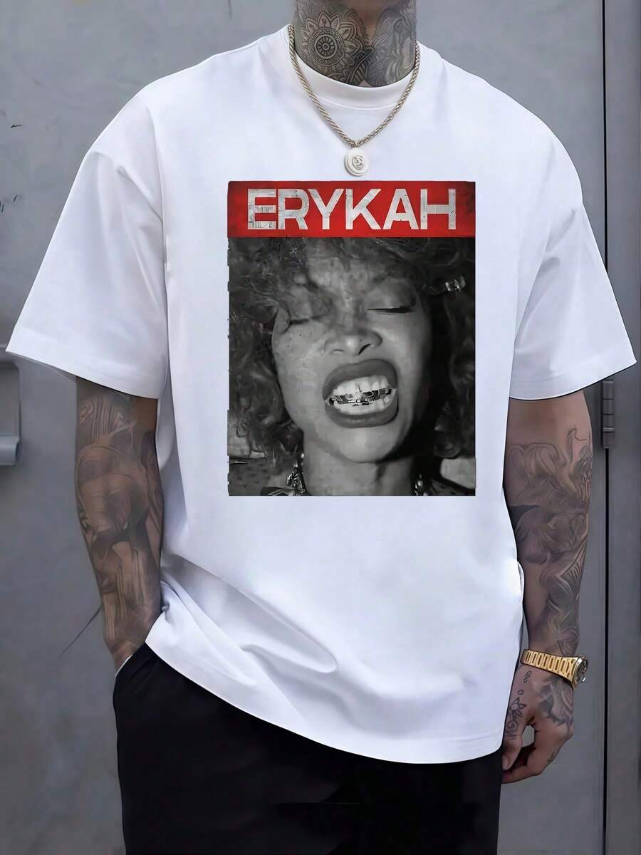 Portrait Of An Iconic Singer With An Intense Expression And Bright Teeth Against A Retro Urban Background For This Modern Urban Men's T-Shirt - White - View 1