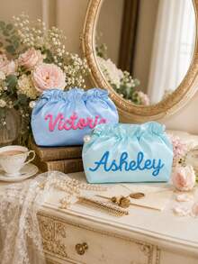 Personalized Travel Makeup Bag, Pearl Zipper Custom Cosmetic Storage Bag, Chenille Embroidered Name Toiletry Bag, Gift For Her, Vanity Bag - Multicolor - View 4