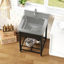 Freestanding Stainless Steel Sink For Outdoor Use, 60x60cm, With Tap And Drain, Including Shelf, Spacious Single-Basin Design, Suitable For Kitchen, Garden, Workshop And Commercial Use - 黑色 - 查看 9