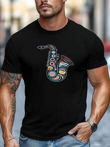 Camiseta de hombre de talla grande, cómoda y versátil, relajada e informal, con estampado colorido de saxofón, camiseta de verano de manga corta y cuello redondo para hombre. - Azul marino - Ver 9