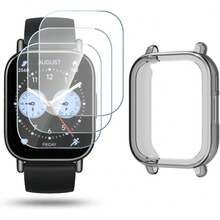Watch Screen Protector Compatible For Xiaomi Watch 5 Lite / Watch 5 Active, Tempered Glass Film Anti Scratch High Definition Full Coverage And Soft TPU Protective Case(Pack Of 3+1) - Black - View 8