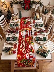 1pc 35*180cm/13.78*70.87inch Christmas Decorative Polyester Table Runner, Christmas Tree, Snowflake, Poinsettia, Bell, Gift Box, Bow, Snowman, Red Berry, Santa Claus Cartoon Pattern Design, Suitable For Home Dining Table Holiday Decor, Festive Atmosphere Christmas Tablecloth, Desktop Decorative Fabric - Multicolor - View 9