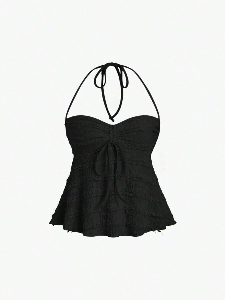 Solid Color Halter Tops With Drawstring At The Bust, Y2K Style For Women - Black - View 1