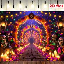 1pc Mexican Day Of The Dead Marigold Background Fabric, Made Of Polyester. It Features A Marigold Archway, Skulls. Suitable For Day Of The Dead Memorial Parties, Mexican Style Events, Halloween Party Decorations, And Party Decorations, Etc. - A - View 2