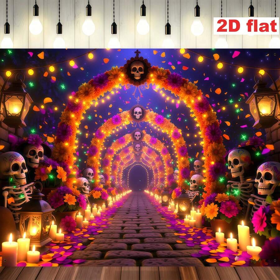 1pc Mexican Day Of The Dead Marigold Background Fabric, Made Of Polyester. It Features A Marigold Archway, Skulls. Suitable For Day Of The Dead Memorial Parties, Mexican Style Events, Halloween Party Decorations, And Party Decorations, Etc.