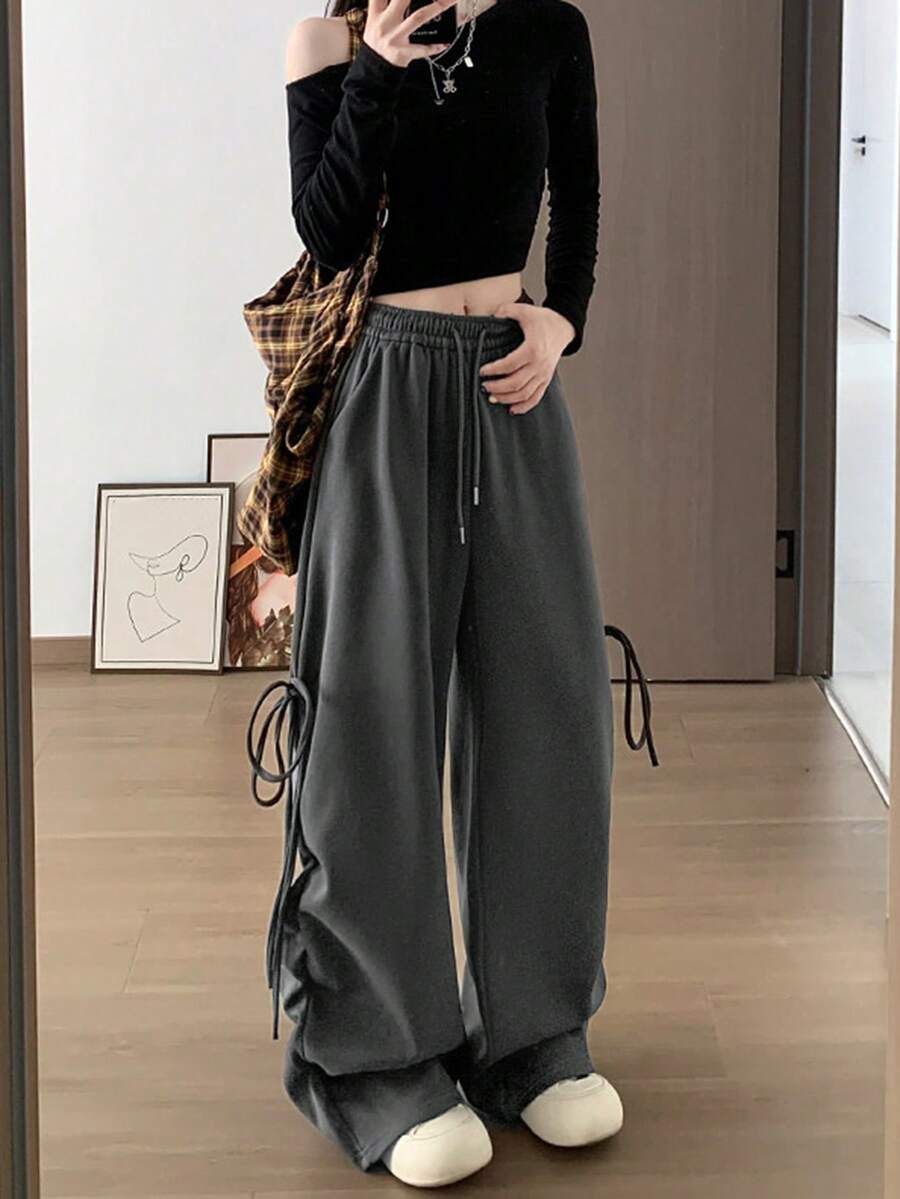 Spring/Summer Korean Style Elastic Waist Slimming Tie Bow Loose Wide Leg Sweatpants Long Pants For Women