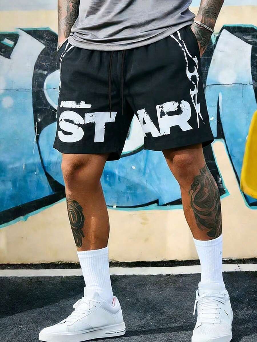 Men's Casual Lightweight Sports Shorts, Breathable Quick-Dry Printed Workout Running Shorts - Black - View 1