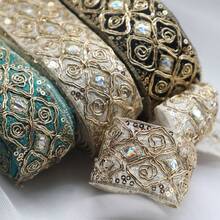 1/5 Yard High-End Embroidered Lace Trim With Fabric Backing, Floral Embroidery, Gold Sequin Decoration, Court Style Rhombus Embroidered Floral Pattern, Suitable For DIY, Sewing, Decoration And Beginner Sewing - Multicolor a - View 1