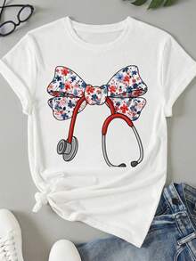 Women's Round Neck T-Shirt, Floral Bow With Stethoscope, Casual And Fashionable Style, Suitable For Outdoor Sports And Holiday Gifts - 白色 - 查看 7