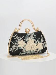 1件黑色刺繡花卉圖案單肩包,復古旗袍包,仙女手拿包,晚宴包,伴娘包,新娘包,方包,正式包,珍珠手拿包,亮片珠飾包,禮服包,鏈條單肩包 - 黑色 - 查看 3