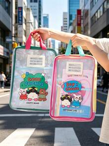 1pc/5pcs Cute Cartoon Transparent Mesh File Bag, Portable Handheld Multi-Layer Document Organizer, Sweet Animal Print Zipper Paper Storage Bag, Suitable For Teenage Girls Students School Homework Stationery Storage - Multiple Styles - View 3