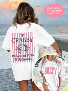 Women's If Crabby Please Return To The Beach Salty Graphic T-Shirt Double-Sided Print Oversized Casual Summer Tops Vacation Outfits Casual - 白色 - 查看 1