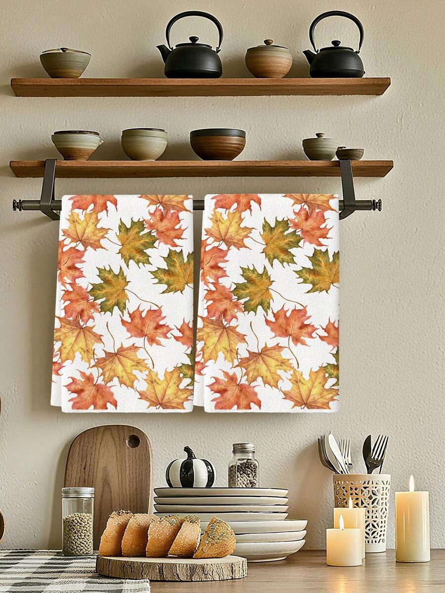 2 Pcs White Pumpkin Floral Maple Leaf Orange Pumpkin Print Dish Towel Farmhouse Autumn Style Microfiber Rectangle Quick Dry Absorbent Kitchen Towel Home Kitchen Thanksgiving Fall - Orange - View 1