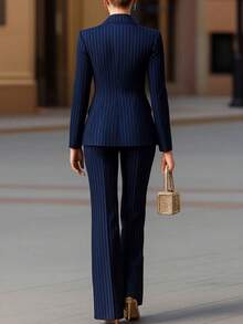 Women's Blue Striped Double-Breasted Blazer And Trousers Set, Elegant Two Pieces Suit Fall - Navy Blue - View 2