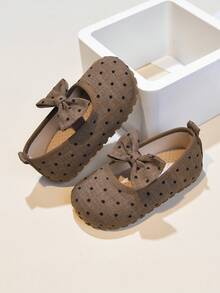 Girls' Linen Polka Dot Bow Decor Breathable Soft Sole Mary Jane Flats, Suitable For Spring And Summer - Coffee Brown - View 5