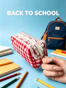 Ins-Inspired High-Quality Solid Color Pencil Case - Red Plaid - View 10