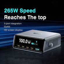HEARTIGER 100W GaN 智慧桌面充電站，2.3 吋 HD 大螢幕即時充電功率顯示，4 個 USB-C 接口 + 1 個 USB-A 接口快速充電輸出，相容 Apple/Android 手機、平板、筆電，智慧旋鈕控制，多裝置同時快充，全新桌面充電體驗 - 黑色 - 查看 15