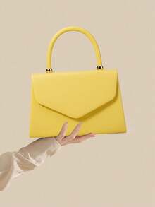 bolso de mano de PU color verde menta con diseñde grano de lichi, con solapa, puede contener un teléfono, encantador y elegante bolso de negocios para damas, adecuado para mujeres. - Amarillo - Ver 2