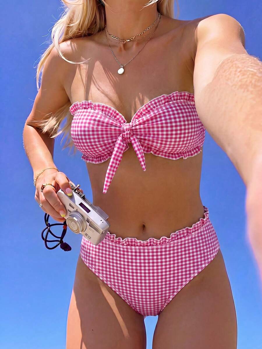 女款新款格紋印花平胸蕾絲比基尼兩件套,夏季海島度假游泳沙灘必備 - 彩色 - 查看 1