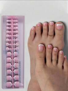 150pcs Short Square Brown/Pink Wearable Gel False Nails/Toenails, 15 Sizes Available, Short French Style False Nails, Toenail Decoration For Women And Girls - Baby Pink - View 2