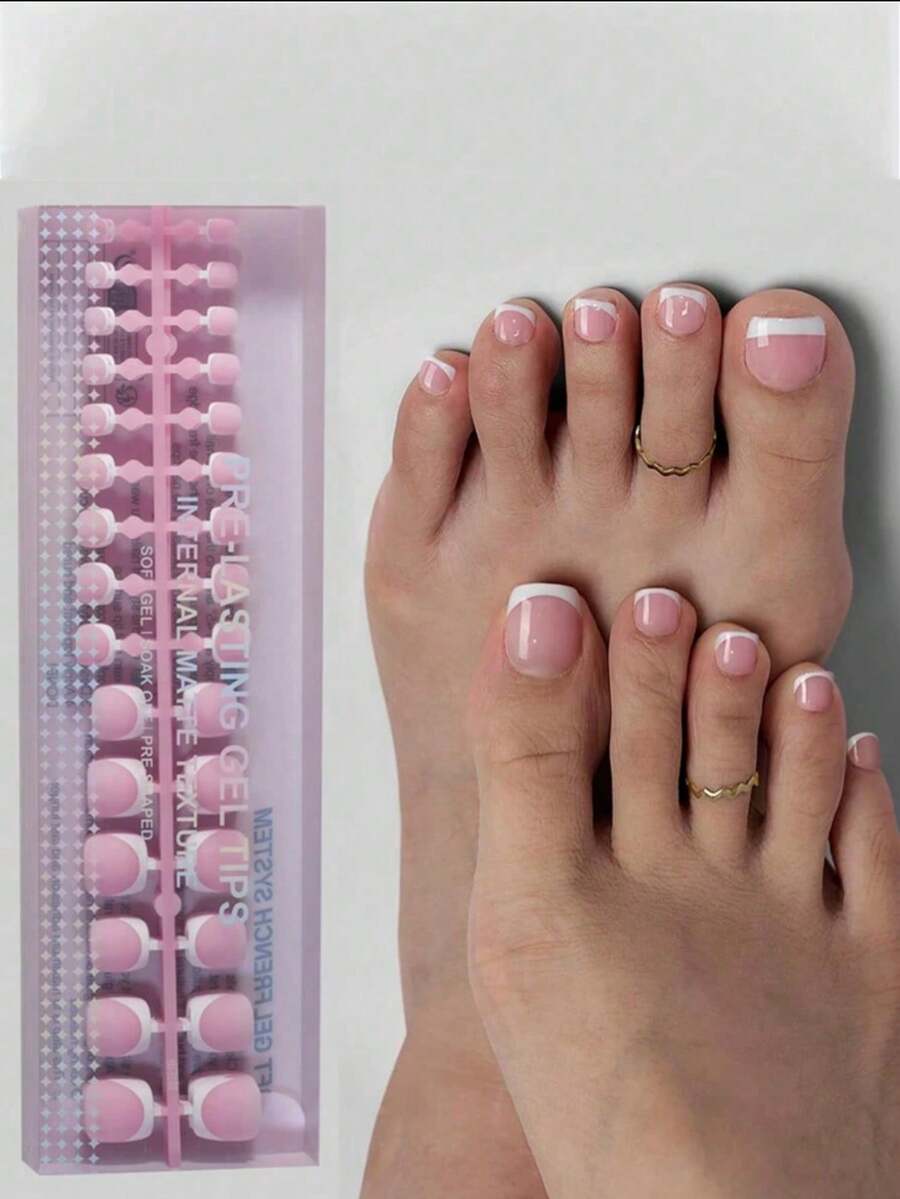 150pcs Short Square Brown/Pink Wearable Gel False Nails/Toenails, 15 Sizes Available, Short French Style False Nails, Toenail Decoration For Women And Girls
