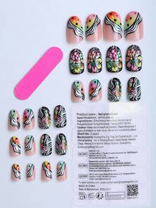 24 uñas postizas con forma de almendra con estilos retro americanos abstractos, grafiti personalizado, diseños juguetones de "ojo mágico", setas de dibujos animados de colores, rayas blancas y negras, patrones inspirados en la dopamina, accesorios para fiestas y uñas postizas portátiles - Multicolor - Ver 3