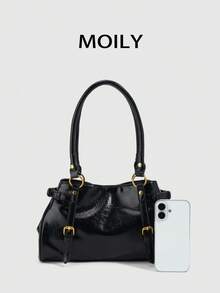1pc Y2K Punk Style Buckle Design Shoulder Bag Pillow Bag, PU Material, Magnetic Closure, Suitable For Daily Commute, Shopping, Fashion Party Essential Item - Black - View 5