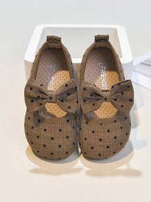 Girls' Linen Polka Dot Bow Decor Breathable Soft Sole Mary Jane Flats, Suitable For Spring And Summer - Coffee Brown - View 4