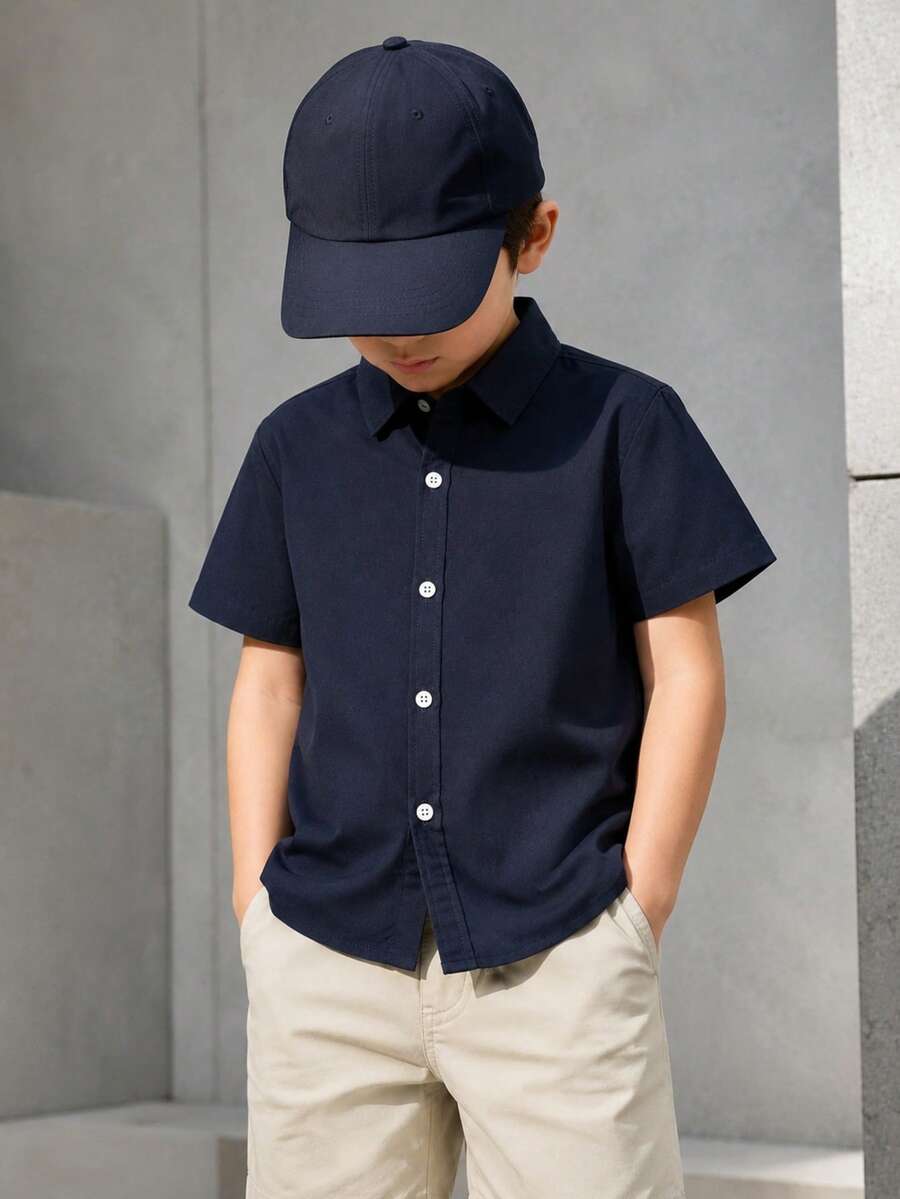 Boys' Classic Casual Preppy Navy Blue Short Sleeve Shirt For Formal Events, School Gatherings And Performances - Navy Blue - View 1