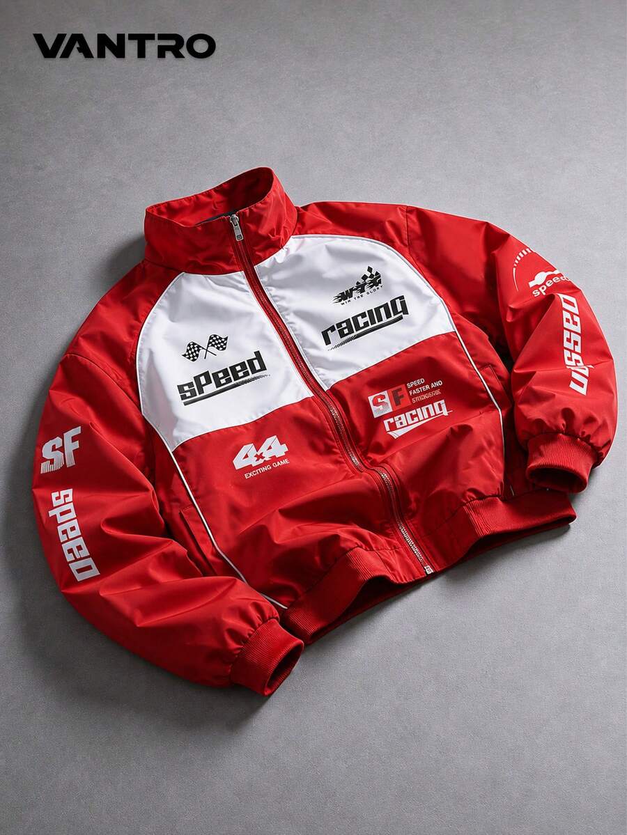 Men's Red & White Raglan Colorblock F1 Racing Style Stand Collar Jacket, Racing Flag Number & Letter Print Zip-Up Loose Street Sports Outerwear - Red - View 1