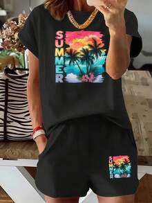 Women Elastic Waist Drawstring Casual Shorts, Tropical Coconut Palm Colorful SUMMER Graphic Beach Short - Shorts - View 1