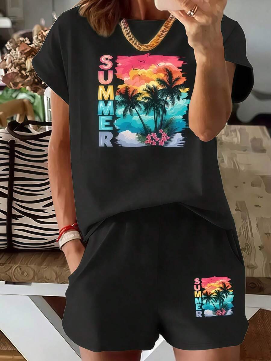 Women Elastic Waist Drawstring Casual Shorts, Tropical Coconut Palm Colorful SUMMER Graphic Beach Short - Shorts - View 1