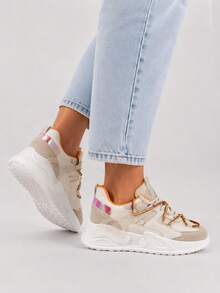 Women's Sneakers With Double Laces, Sports Shoes, Laces, Imitation Leather. - Beige - View 2