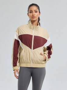 Women's Retro Colorblock Sports Jacket, Single Layer Lightweight & Comfortable, Suitable For Casual Daily Wear, Sports Fashion Street Style - Multicolor - View 1