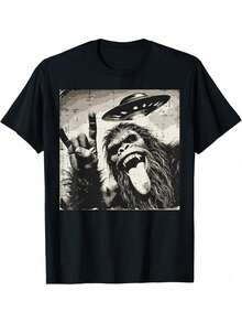 Camiseta de Hombre Big-Foot Rocker Tongue Ufo Selfie Sasquatch Rock, Camisetas Gráficas para Hombres, Algodón - Negro - Ver 1