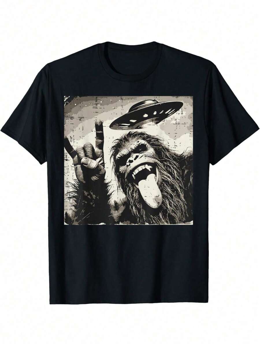 Camiseta de Hombre Big-Foot Rocker Tongue Ufo Selfie Sasquatch Rock, Camisetas Gráficas para Hombres, Algodón - Negro - Ver 1