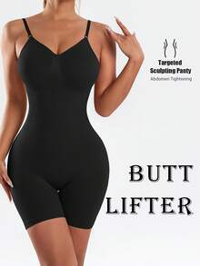 1pc Seamless Women's Yoga Bodysuit, Solid Color. Tummy Control And Butt Lift, Adjustable Straps. Comfortable, Breathable, Stretchy Fabric. Ideal For Fitness, Sports, And Yoga. - 黑色 - 查看 3