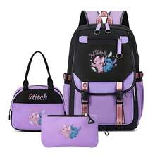 Lilo & Stitch 三合一背包套組，休閒日用包含托特包與鉛筆袋，Stitch & Angel「Just Shake It」印花黑紫色輕量書包，適合日常使用 - 顏色 1 - 查看 2