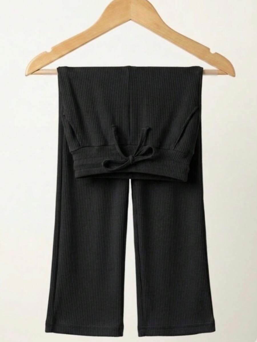 Blogueirinha Children's Wide Leg Pants In Ribbed Cotton Fabric With Pocket, Comfortable And Soft - Black - View 1