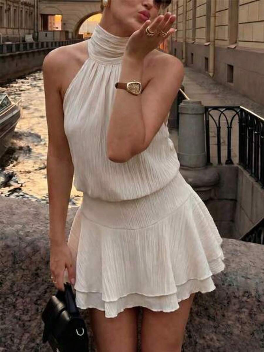 Vestido con lazo en la cintura, tela texturizada con gran moño en la espalda y dobladillo con doble volante - Albaricoque - Ver 1