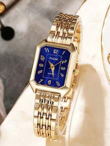 2件/1件女款優雅金色飾品套組，藍色錶盤方形鋼帶石英手錶搭配水鑽愛心手鍊，精緻設計展現奢華魅力，適合生日、情人節或畢業禮物送給女友與好友，展現溫柔知性魅力 - 金色 - 查看 5
