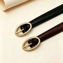 Ins Style Minimalist Versatile Women's Thin Waist Belt, Matte Gold Oval Buckle PU Leather Decorative Belt, Multi-Adjustable Waist Cincher, Black And Brown Colors, Suitable For Jeans, Dresses And Suits, Daily Commute, Date, Light Business Occasions, Korean Vintage Texture, Clean Lines Highlighting Waistline, Essential Exquisite Accessory For Outfit - Multicolor - View 3