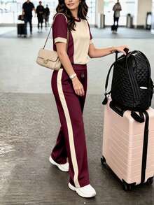 Conjunto de 2 piezas de mujer para primavera/verano con top de cuello redondo de manga corta y pantalones rectos - Albaricoque + Rojo vino - Ver 6
