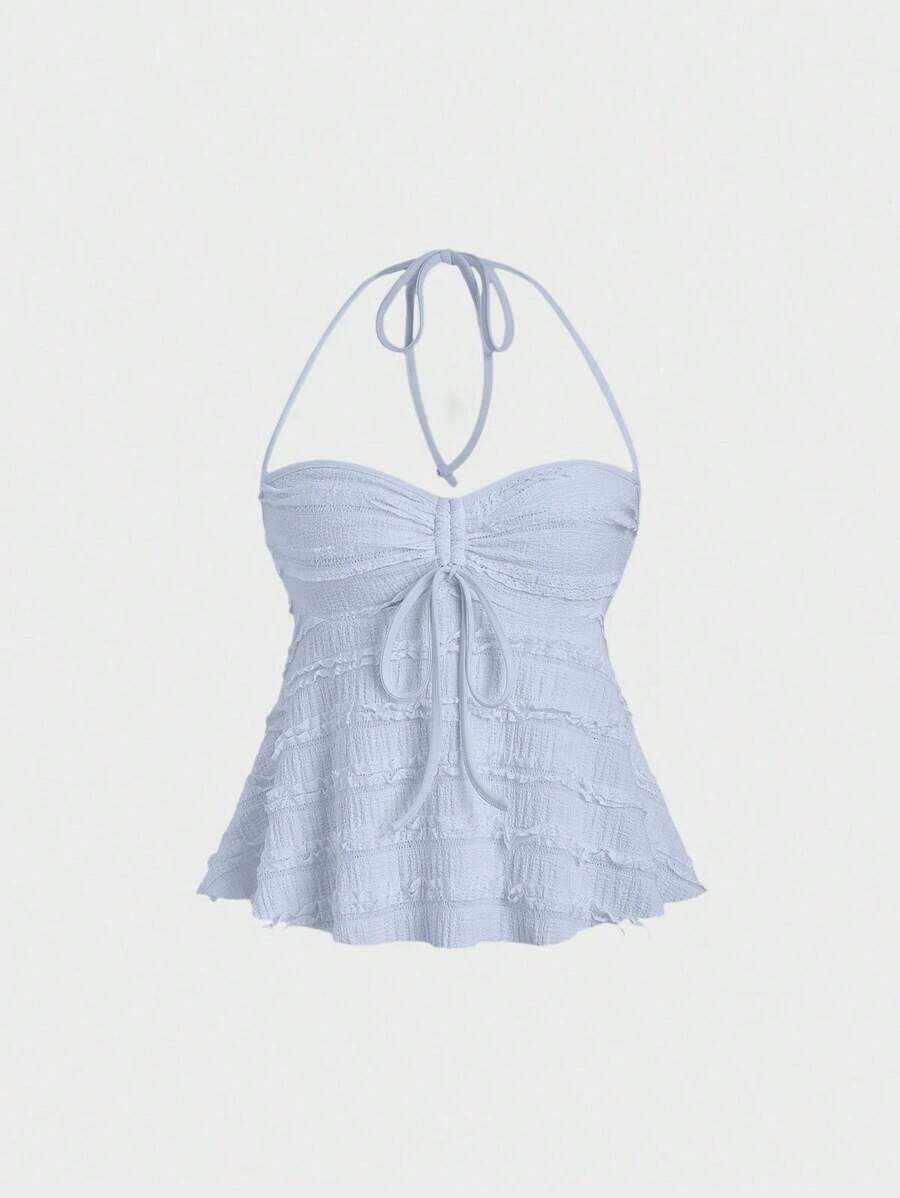 Solid Color Halter Tops With Drawstring At The Bust, Y2K Style For Women - Light Blue - View 1