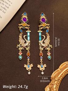 1 Pair French Long Swan Earrings, Inlaid With Colorful Glass Rhinestones, Fashion Design, Perfect For Vacation Wear - Gold - View 2